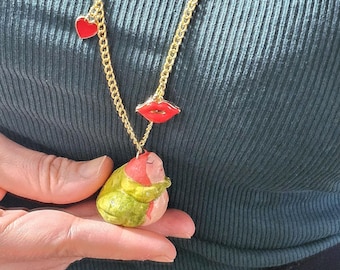 Hand-sculpted Paperclay Frog Woman Whimsical Pendant Necklace: Clotilde, Monster, Gold Chain, Charms, OOAK
