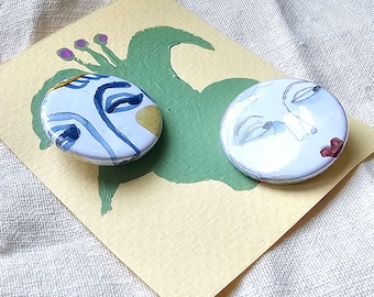 Hand-drawn Watercolour Faces Badges, Button Pin Set, OOAK Accessories, Pins, 25mm
