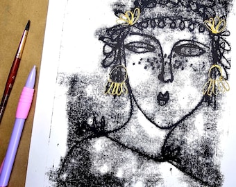 Ariadne, Original Wall Art: Monoprint Woman looking, Black and White Colours, Gold