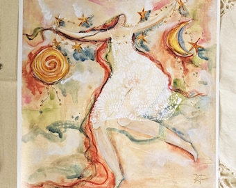 Light Bearer Art Print  – Mystical Feminine Wall Art – Dreamlike Folk Surrealist Painting