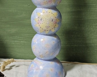 Hand-Painted Celestial Wooden Candlestick Holder – Candle Holder with Sun, Moon & Stars, Ritual  Decor