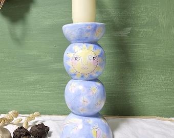 Hand-Painted Celestial Wooden Candlestick Holder – Candle Holder with Sun, Moon & Stars, Ritual  Decor