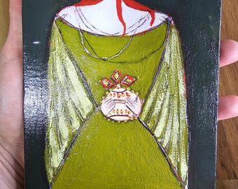 Oryginalna sztuka ludowa / Mały obraz / Rude włosy / Królowa trzymająca kulę / Welon / Korona / Ciemne tło