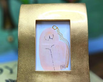 Oryginalna, miniaturowa sztuka figuratywna / Obraz / Złota rama / Naiwna sztuka ścienna / Kobieca / Minimalistyczna