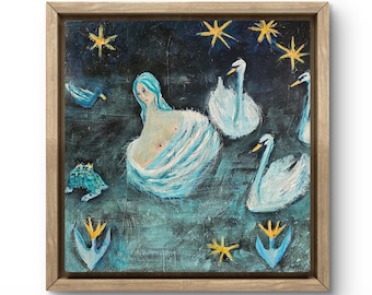 Original Folk Art on Wood Panel Painting: Swan Maiden