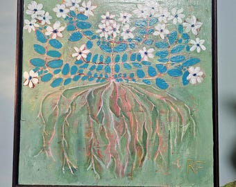 Art folklorique sur panneau de bois - Peinture de fleurs avec racines, décoration murale de cottage botanique