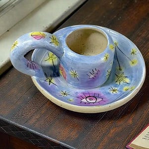 Hand-painted Ceramic Candlestick Holder with handle, Celestial images: Sun, Moon, Stars, Constellations
