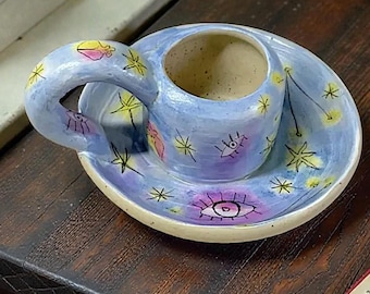 Ręcznie malowany ceramiczny świecznik z uchwytem, motywy niebiańskie: Słońce, Księżyc, Gwiazdy, Konstelacje