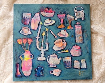 Folk Art Still Life Panel | Original Acrylic | Cottagecore Kitchen Art | Teacups, Teapot & Candlestick Decor