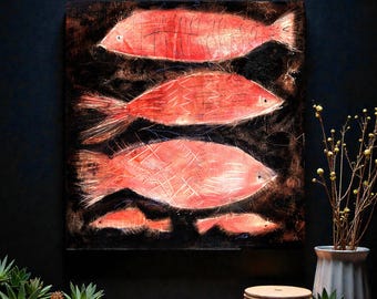 Original Artwork on MDF Panel: Luminous Fish, Rustic Wall Art