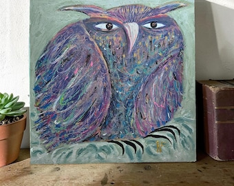 Original Folk Owl Painting “Night Watcher” – Mystical Creature Wall Art on Wood Panel