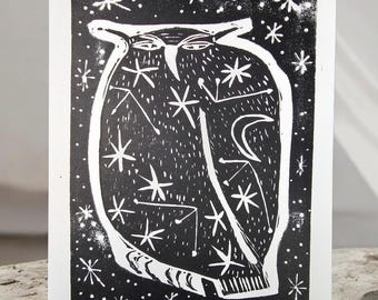 Clementine the Astrologer, Owl Linocut Print – Mystical Folk Art Print