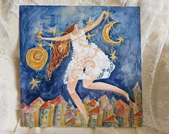 Original Folk Art “Light Bearer” – Mystical Feminine Wall Art – Dreamlike Surrealist Painting