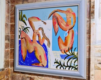 Oryginalny obraz abstrakcyjny / Dwie kobiety w kąpieli / Niebieska rama w stylu vintage / Dekoracja ścienna do łazienki / „Łaźnie”