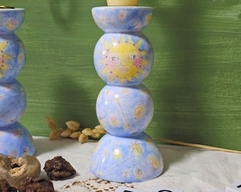 Hand-Painted Celestial Wooden Candlestick Holder – Candle Holder with Sun, Moon & Stars, Ritual  Decor