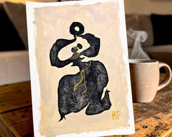 Obra de arte mural original: Devota de la Diosa Madre, mujer arrodillada con ofrendas, impresión en relieve.