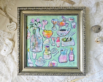 Dinner Party Giclee Print on Canvas, Maximalist Kitchen, Bronze Frame, Dining Room Wall Decor
