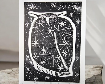Original Owl Linocut Print, Celestial theme, Clementine the Astrologer