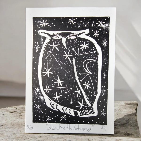 Original Eule Linoldruck, Celestial Thema, Clementine die Astrologen