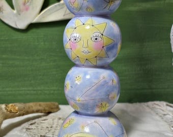 Hand-Painted Celestial Wooden Candlestick Holder – Constellations, Symbols, Sun, Moon & Stars, Ritual  Decor