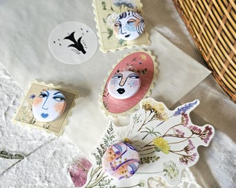 Handgetekende aquarel gezichten badges, knopspeldset, OOAK-accessoires, spelden, 25 mm