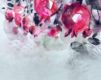 Oprawiony oryginalny rysunek akwarelowy drzewa granatu