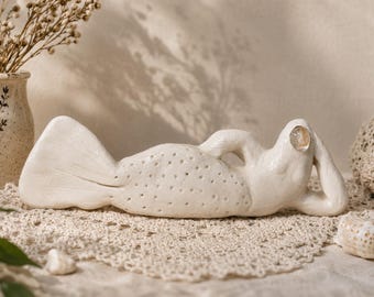Handmade "Ione": Mermaid Clay Figurine, Strange Mythological Art, Feminine Shelf Decor