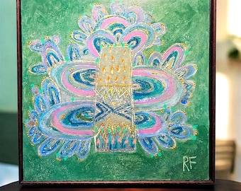 Pintura del Árbol Espiritual: Oro punteado, arte popular original sobre tabla de madera