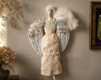 Hand-sewn Textile Angel Doll | Folk Surrealist Wall Sculpture | Embroidered OOAK Art Object