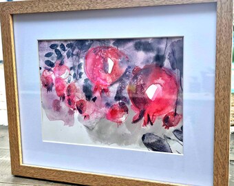 Framed Original Watercolour Drawing of a Pomegranate Tree