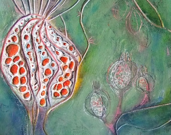 Pintura abstracta de flores y semillas, decoración de pared de madera tallada y pintada.