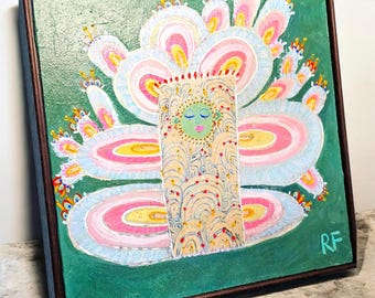 Arte popular original / Espíritu del árbol / Detalles dorados / Panel de madera / Decoración de pared