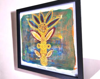 Pintura al óleo original, arte popular floral enmarcado: Guerrero de primavera