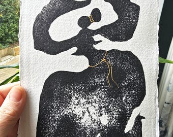 Oryginalny ręcznie drukowany wizerunek bogini-wyznawczyni: Kobieta z profilu / Sylwetka cienia / Wydruk wypukły / Dekoracja ścienna