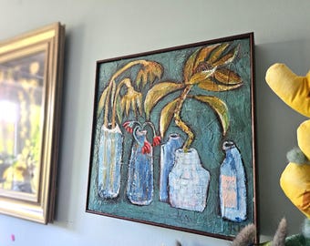 Acrylic on Wood Panel "Simple Life": Textured Abstract Bottles and Flowers Painting