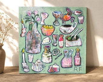 Surrealist Kitchen Still Life Wall Art: "Dinner Party", Eclectic Wall Decor