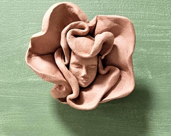 Handmade 3D Flower Wall Decor from Terracotta Clay, OOAK Folk Art Wall Hanging