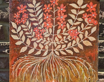 Folk Art on Wood Panel – Flower with Roots Painting, Botanical Cottage Wall Decor