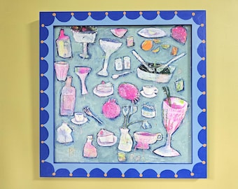 Absinthe Dream Surrealist Still Life in a Hand-painted Blue Scallop Frame, Wall Decor for Kitchen or Dining Room