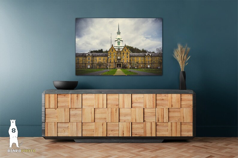 May include: A photograph of an abandoned, yellow brick building with a tall tower. The building has many windows and is surrounded by trees and grass. The sky is cloudy and gray.