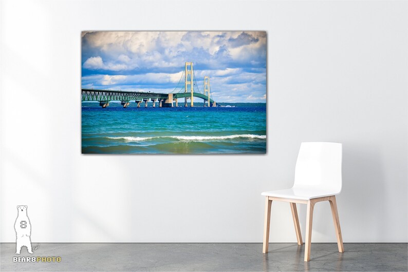 May include: A photograph of the Mackinac Bridge in Michigan, with blue water and a cloudy sky in the background.