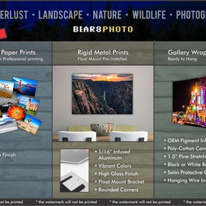 May include: A collage of images showcasing different print options for photographs. The options include photographic paper prints, rigid metal prints, and gallery wrapped canvas prints. The text "BEAR8PHOTO" is displayed at the top of the image.