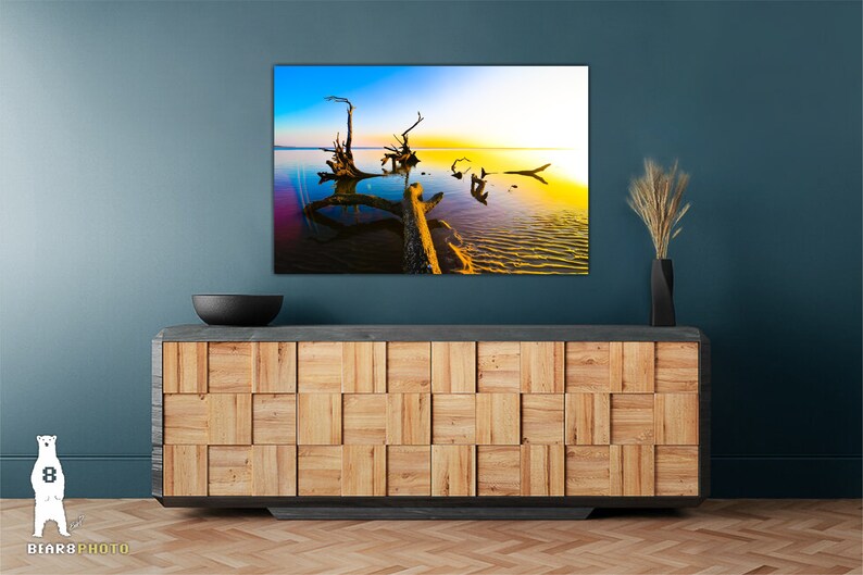May include: A photograph of a large, weathered tree trunk partially submerged in a body of water. The water is a vibrant blue and green, with a golden sunset reflecting on the surface. The tree trunk is silhouetted against the bright sky.