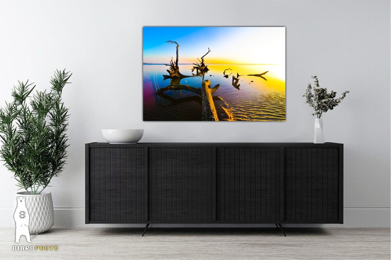 May include: A photograph of a large, weathered tree trunk lying in a body of water. The water is a vibrant blue and green, and the sky is a mix of blue, yellow, and orange. The sun is setting in the distance, casting a warm glow over the scene.
