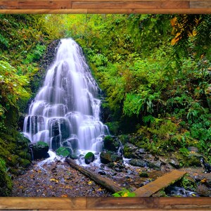 May include: A cascading waterfall flows over moss-covered rocks in a lush green forest. The water is clear and white, and the surrounding foliage is vibrant.