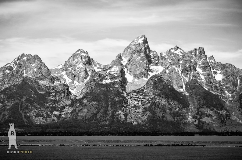 May include: A black and white photograph of a mountain range with snow-capped peaks. The mountains are in the distance and the foreground is a grassy field.