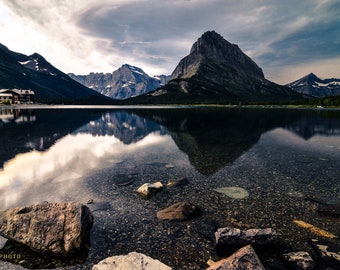 Glacier National Park Landscape Photography, Swiftcurrent Lake, Montana Wall Decor, Fine Art Print, Nature Photo, Lake Mountain Reflection