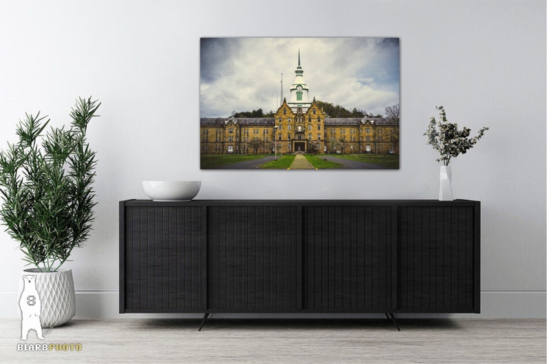 May include: A photograph of an abandoned, yellow brick building with a green roof and a tall tower. The building is surrounded by trees and grass. The sky is cloudy and gray.