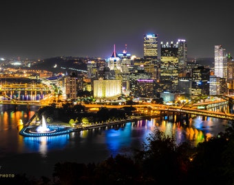 Pittsburgh Skyline Night Photography: Fine Art Paper, Canvas, or Metal Print