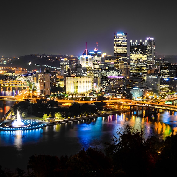 Pittsburgh, PA Skyline Photography - City Scape at Night - Available as Paper, Canvas, & Metal Fine Art Prints